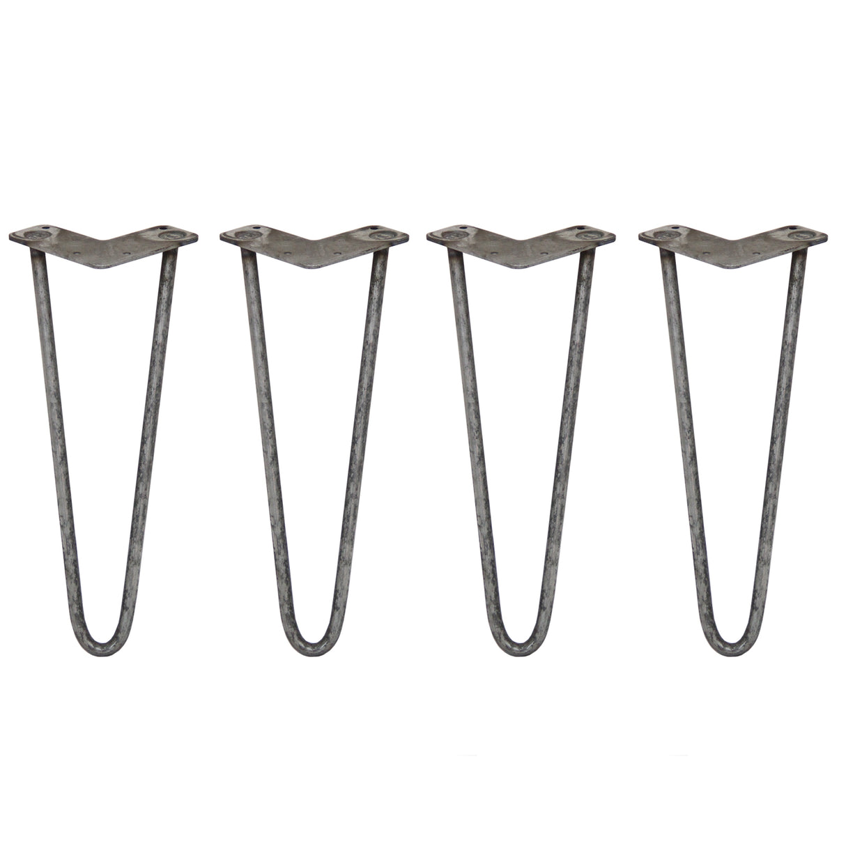 Vier ruwstalen haarspeld tafelpoten van 35,5 cm met een stevige, gebogen vorm en een matte afwerking voor een industriële uitstraling