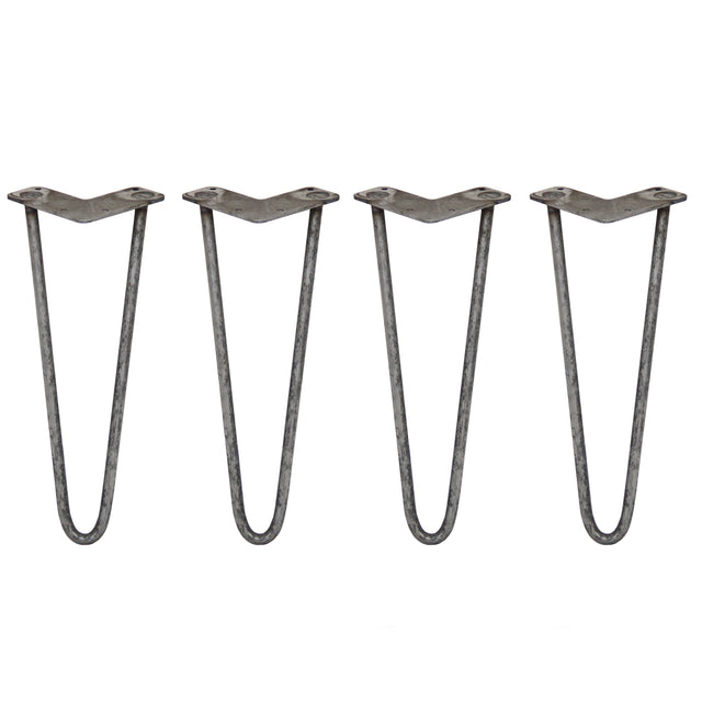 Vier ruwstalen haarspeld tafelpoten van 35,5 cm met een stevige, gebogen vorm en een matte afwerking voor een industriële uitstraling