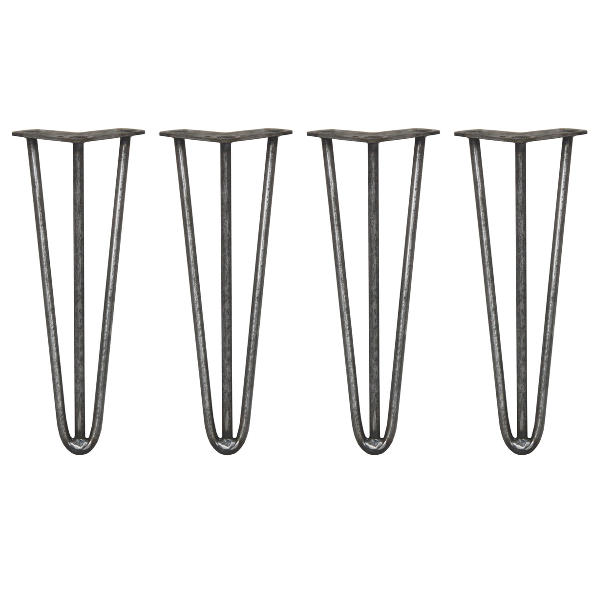 Vier ruwstalen hairpin tafelpoten van 35,5 cm met drie staven en een diameter van 12 mm, perfect voor industriële meubels