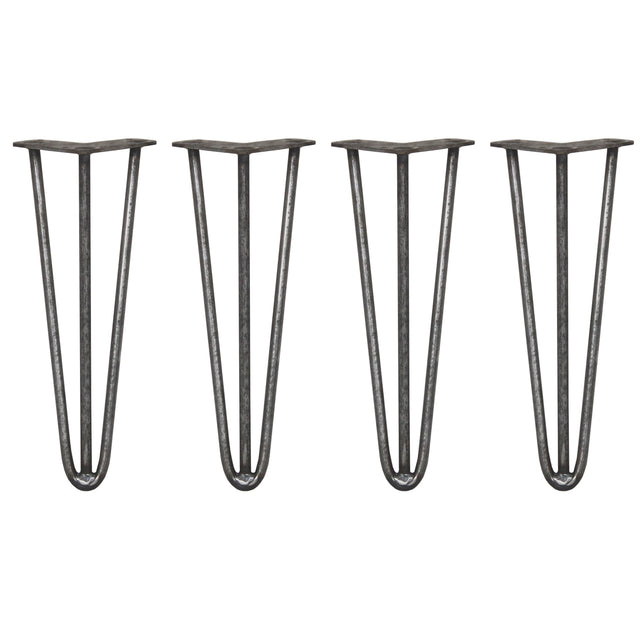 Vier ruwstalen hairpin tafelpoten van 35,5 cm met drie staven en een diameter van 12 mm, perfect voor industriële meubels