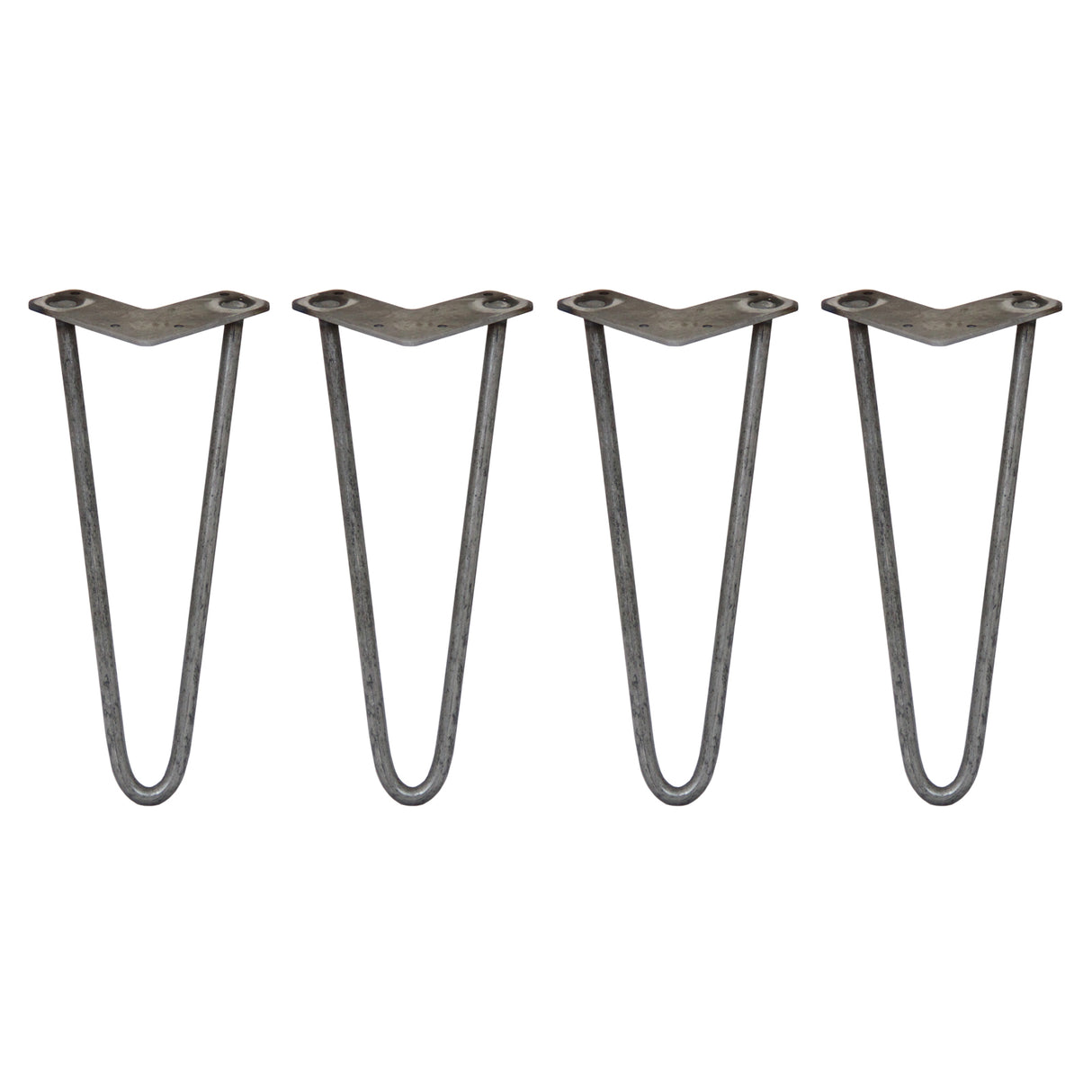 Vier ruwstalen hairpin tafelpoten van 30,5 cm met een slanke, gebogen vorm en stevige bevestigingsplaten voor meubels