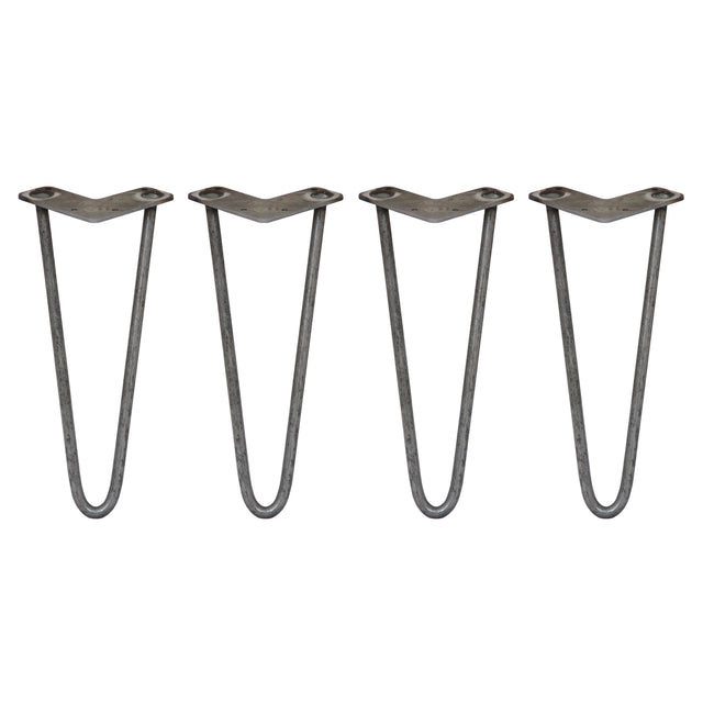 Vier ruwstalen hairpin tafelpoten van 30,5 cm met een slanke, gebogen vorm en stevige bevestigingsplaten voor meubels