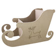 Decoratieve kerst slee van MDF in naturel kleur met een elegante, golvende vorm en een ingekerfd rendierontwerp aan de zijkant