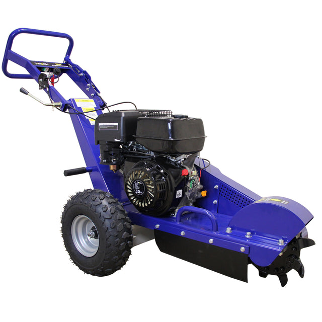 Robuuste T-Mech 13PK stronkenfrees in levendig blauw, met krachtige motor en stevige banden voor efficiënt bomen verwijderen