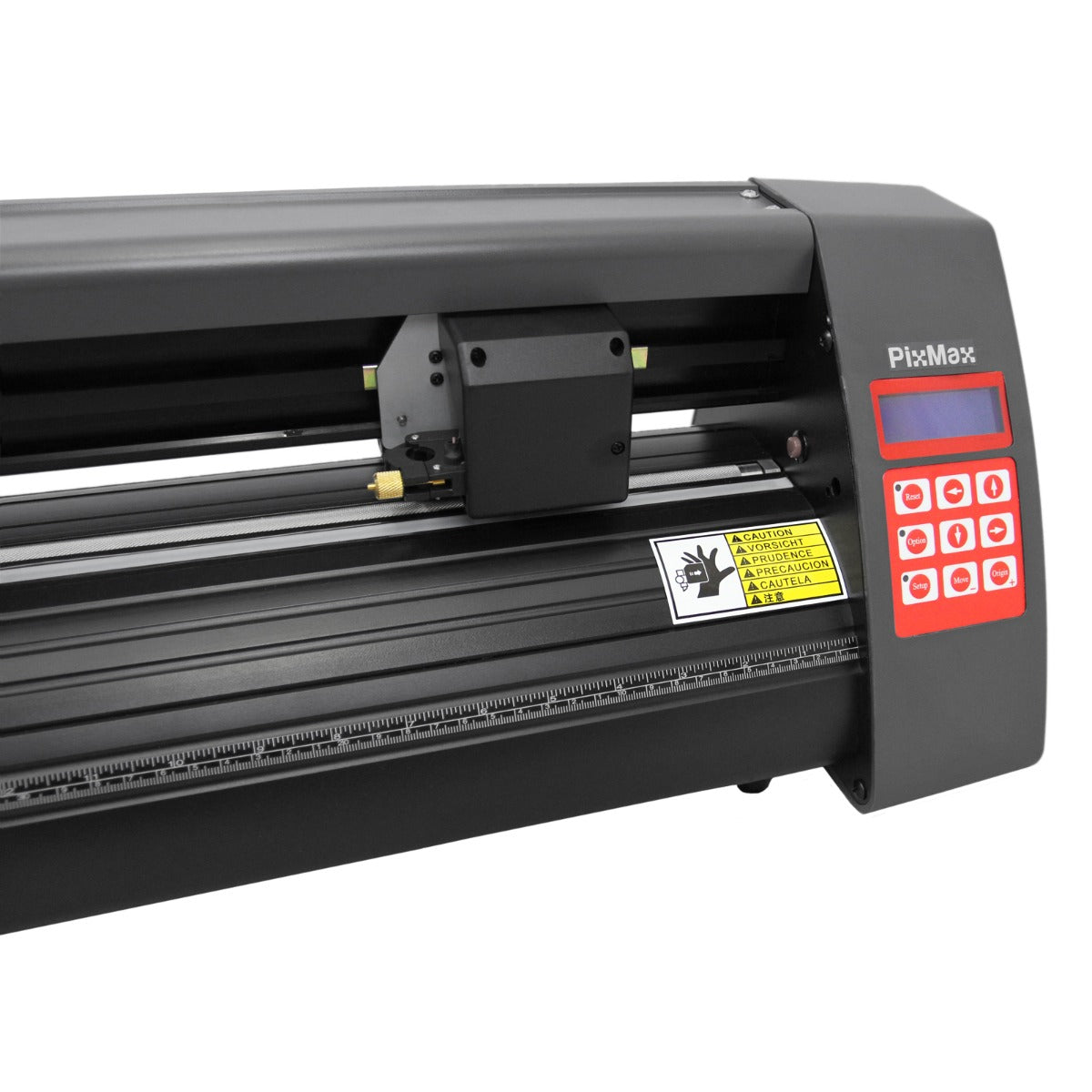 Zwarte vinylsnijder van 360mm met een digitale display en rode knoppen, ideaal voor nauwkeurige snijwerkzaamheden