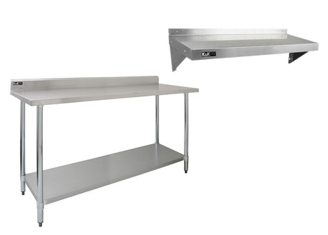 RVS werkbank van 6 voet met een gladde, glanzende afwerking en twee wandplanken in een moderne, industriële stijl