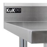 RVS werkbank van 6 voet met een gladde, zilveren afwerking en stevige poten, voorzien van het KuKoo-logo aan de voorkant