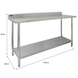 RVS werkbank van 180 cm met een gladde, zilveren afwerking en twee stevige wandplanken voor extra opbergruimte en functionaliteit