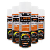 Zes spuitbussen T-MECH Ultimate Trim Adhesive, met een witte dop en kleurrijke etiketten, ideaal voor het bevestigen van bekleding