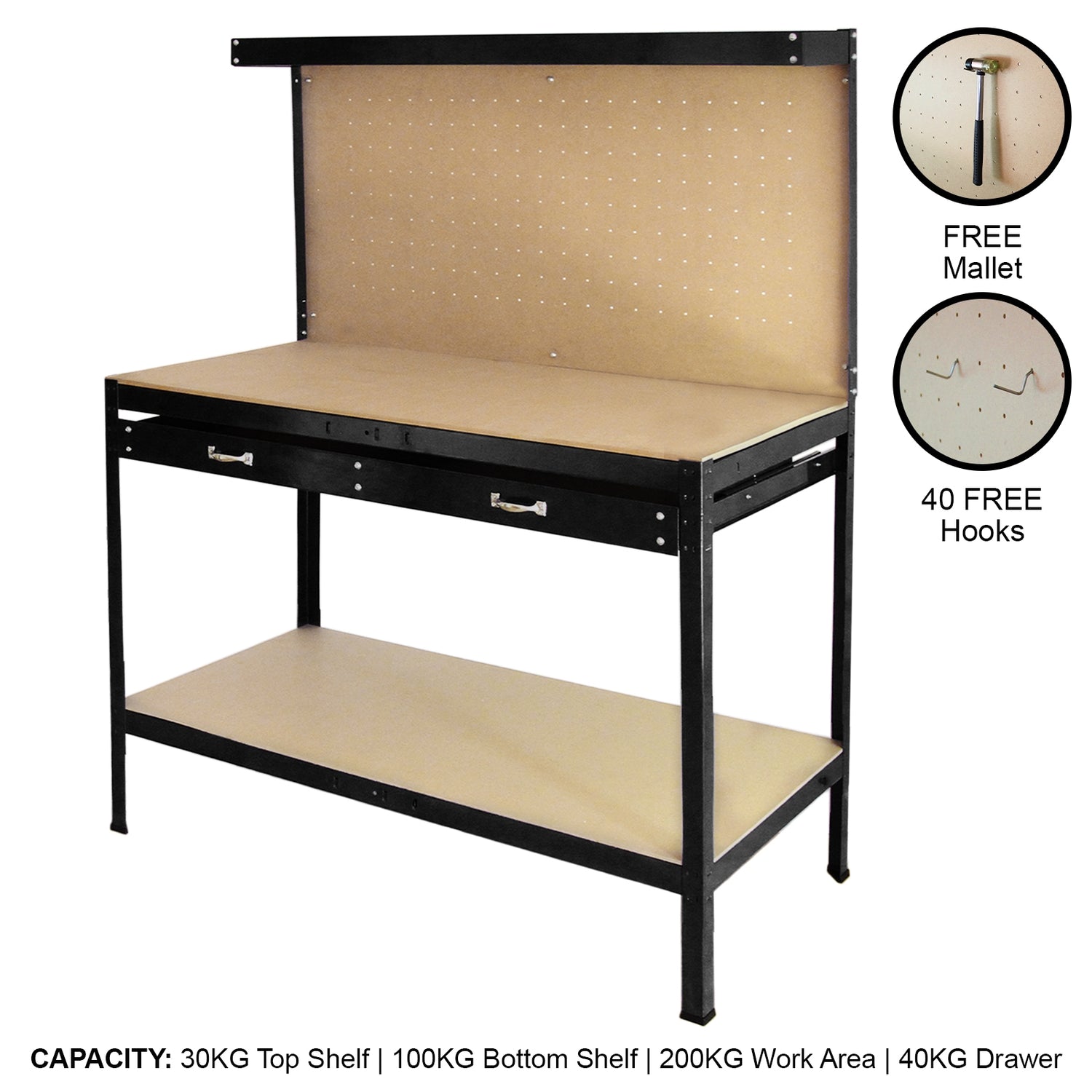 Werkbank met pegboard en lade - Zwart