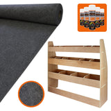 Antraciet bestelwagenbekleding van 11m², stevige viltstructuur, met een houten rek met vijf opbergvakken en lijmproducten