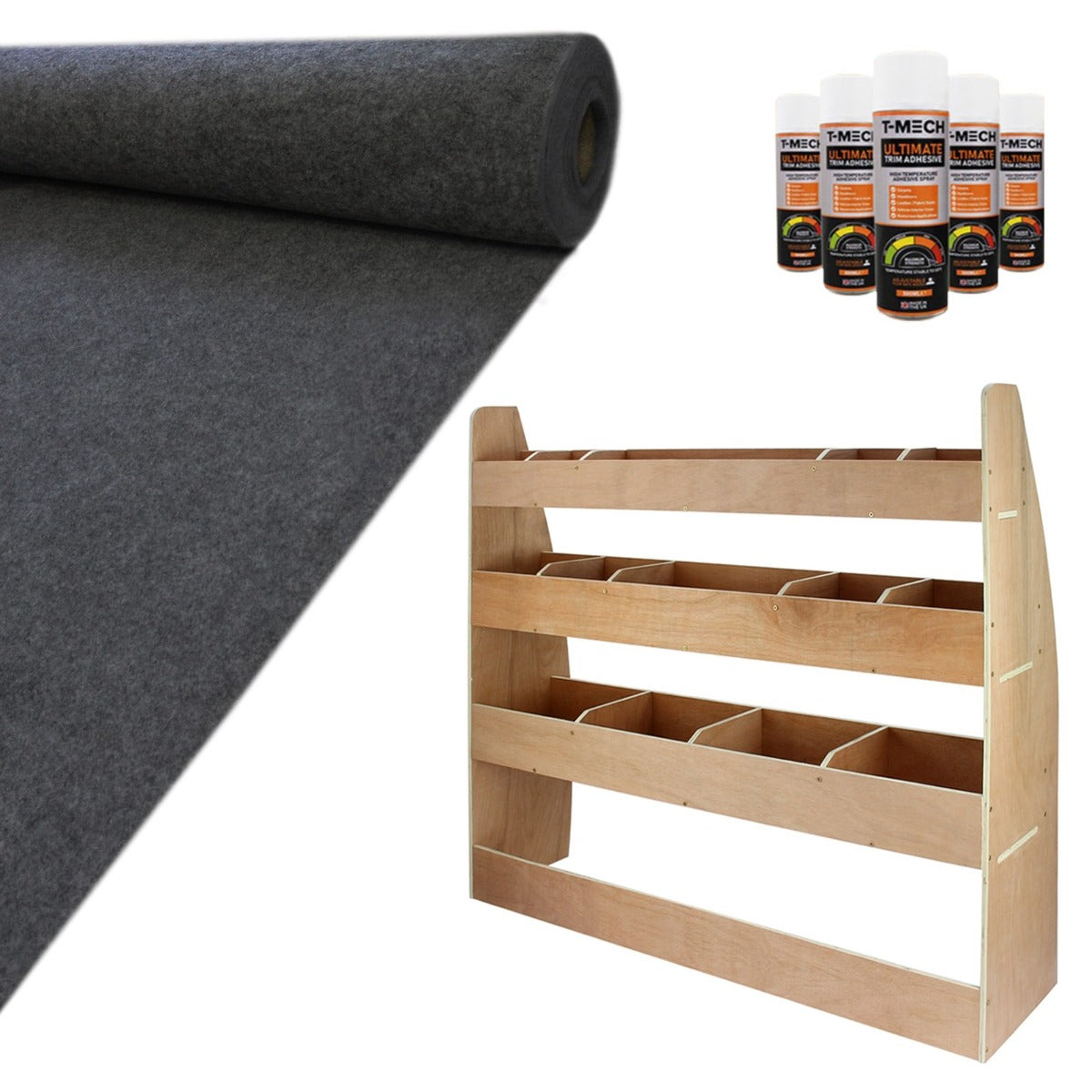 Antraciet bestelwagenbekleding van 11m², lijmflessen en een houten rek met vijf open vakken voor opslag en organisatie