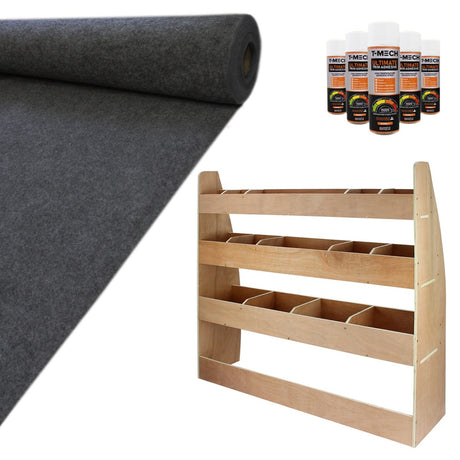Antraciet bestelwagenbekleding van 11m², lijmflessen en een houten rek met vijf open vakken voor opslag en organisatie