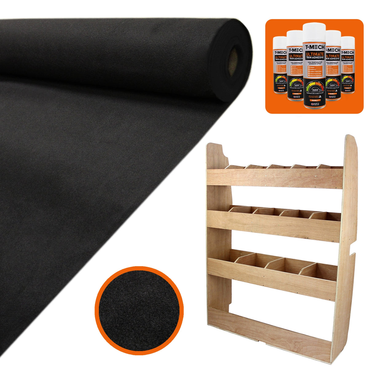 Zwarte bestelwagenbekleding van 11m², zacht en duurzaam, met lijm en een houten rek voor Ford Transit Custom accessoires