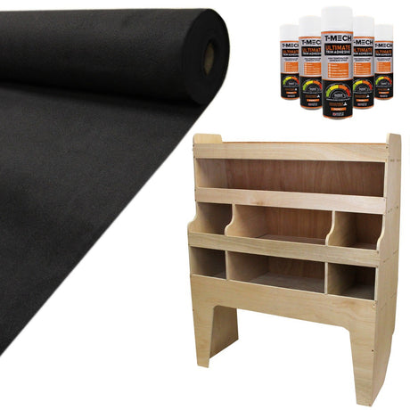 Zwarte bestelwagenbekleding van 11m² met een houten rek voor VW Transporter, ideaal voor een nette en georganiseerde inrichting