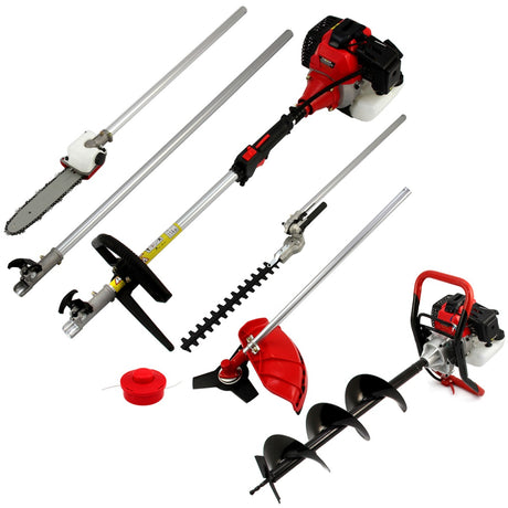 Vijf-in-één multitool en grondboor met een krachtige motor, metalen zaagblad, snijmes, en verschillende accessoires in rood en zwart