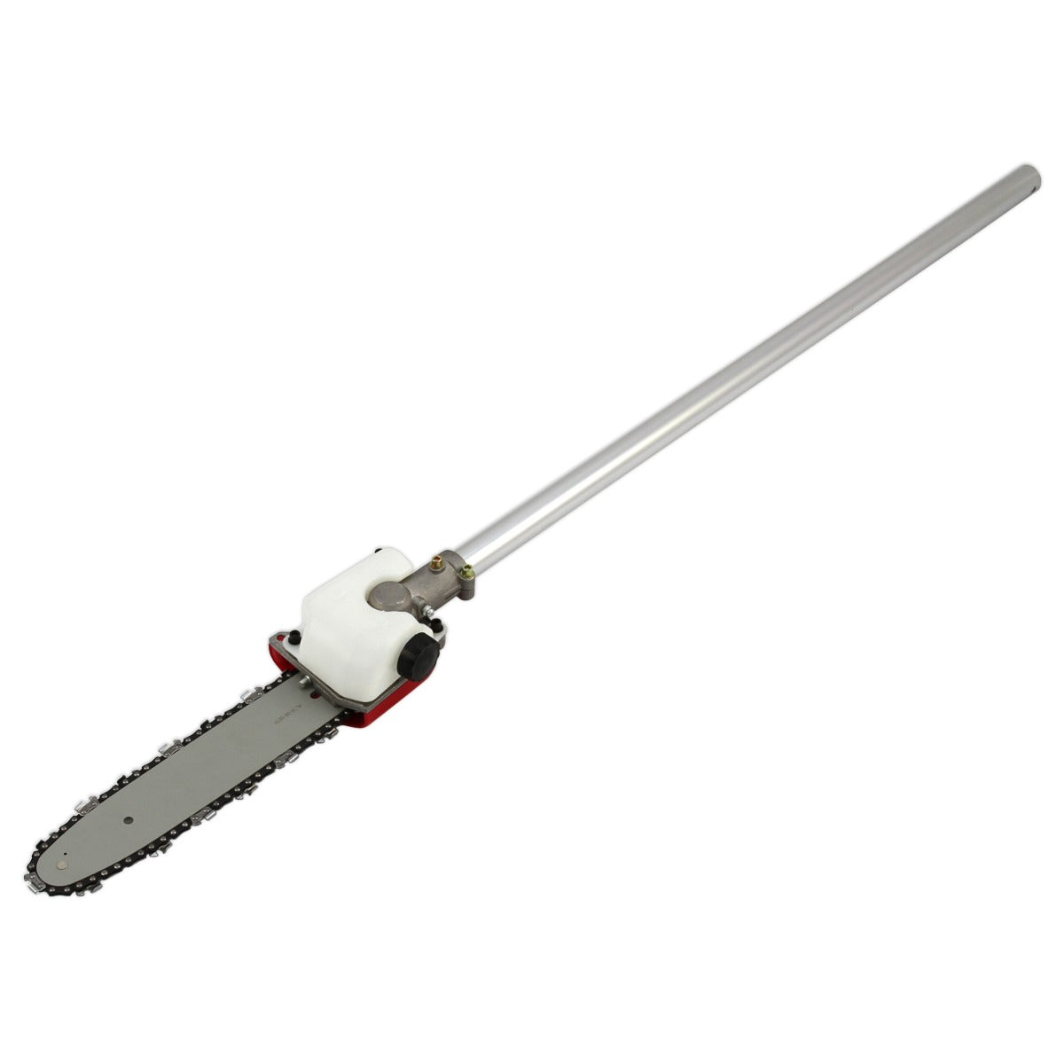 Multitool met een lange, zilveren aluminium steel en een kettingzaagblad, ideaal voor tuinieren en grondboren in één apparaat