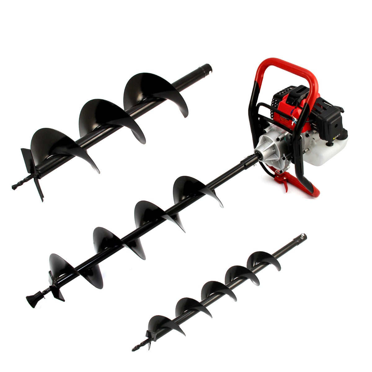 Zwarte 5-in-1 multitool en grondboor met een krachtige motor, inclusief verschillende booropzetstukken voor veelzijdig gebruik