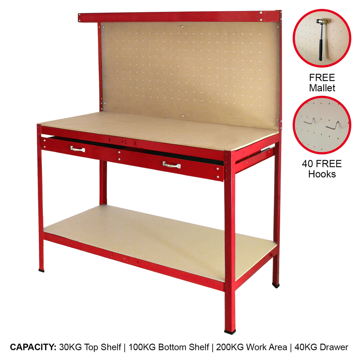 Werkbank met pegboard en lade - Rood