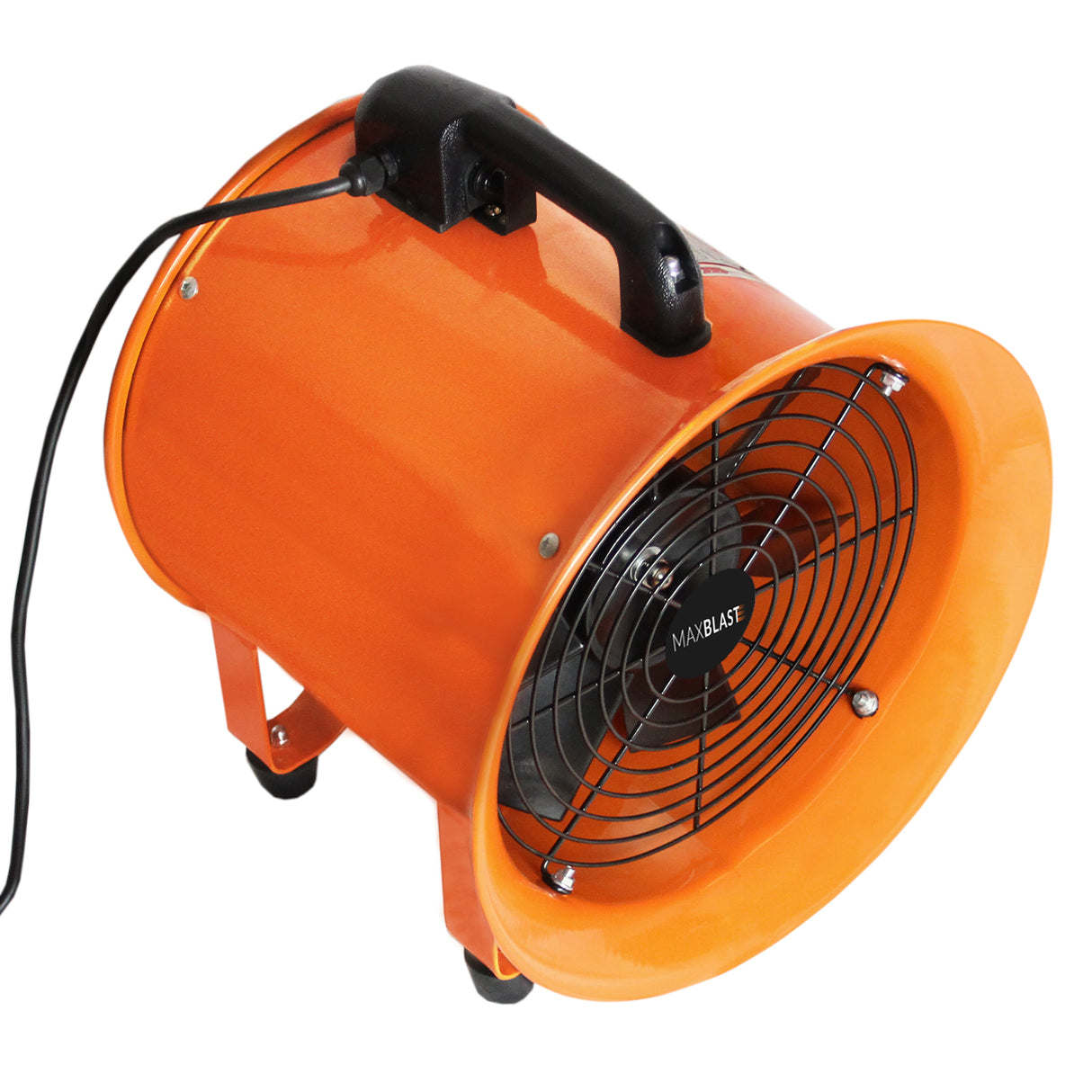 Professionele MAXBLAST ventilator in helder oranje met een krachtige 550W motor en een 6 meter lange slang voor optimale luchtcirculatie