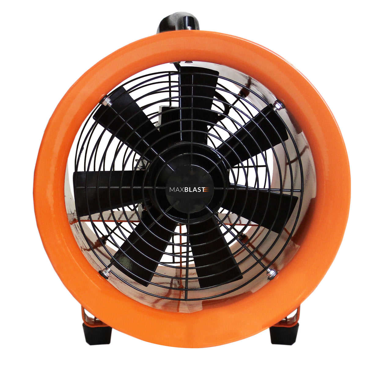 Krachtige MAXBLAST ventilator met een oranje behuizing, zwarte ventilatorbladen en een bijbehorende 6 meter lange slang