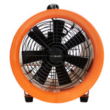 Krachtige MAXBLAST ventilator met een oranje behuizing, zwarte ventilatorbladen en een bijbehorende 6 meter lange slang