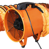 Professionele oranje ventilator met zwarte grill en handvat, verbonden met een 6 meter lange flexibele slang voor optimale luchtcirculatie