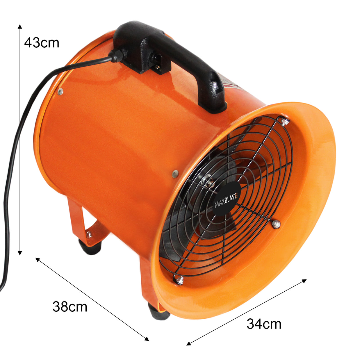 Professionele MAXBLAST ventilator in helder oranje met een diameter van 30 cm, stevige handgreep en wielen voor mobiliteit