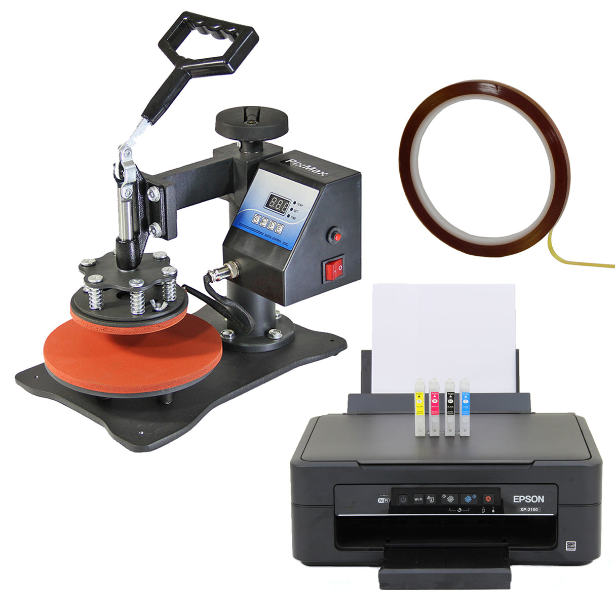 Bordpers met een zwarte basis en oranje platen, naast een Epson printer met inktpatronen en een rol tape voor afwerking