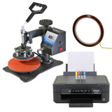 Bordpers met een zwarte basis en oranje platen, naast een Epson printer met inktpatronen en een rol tape voor afwerking