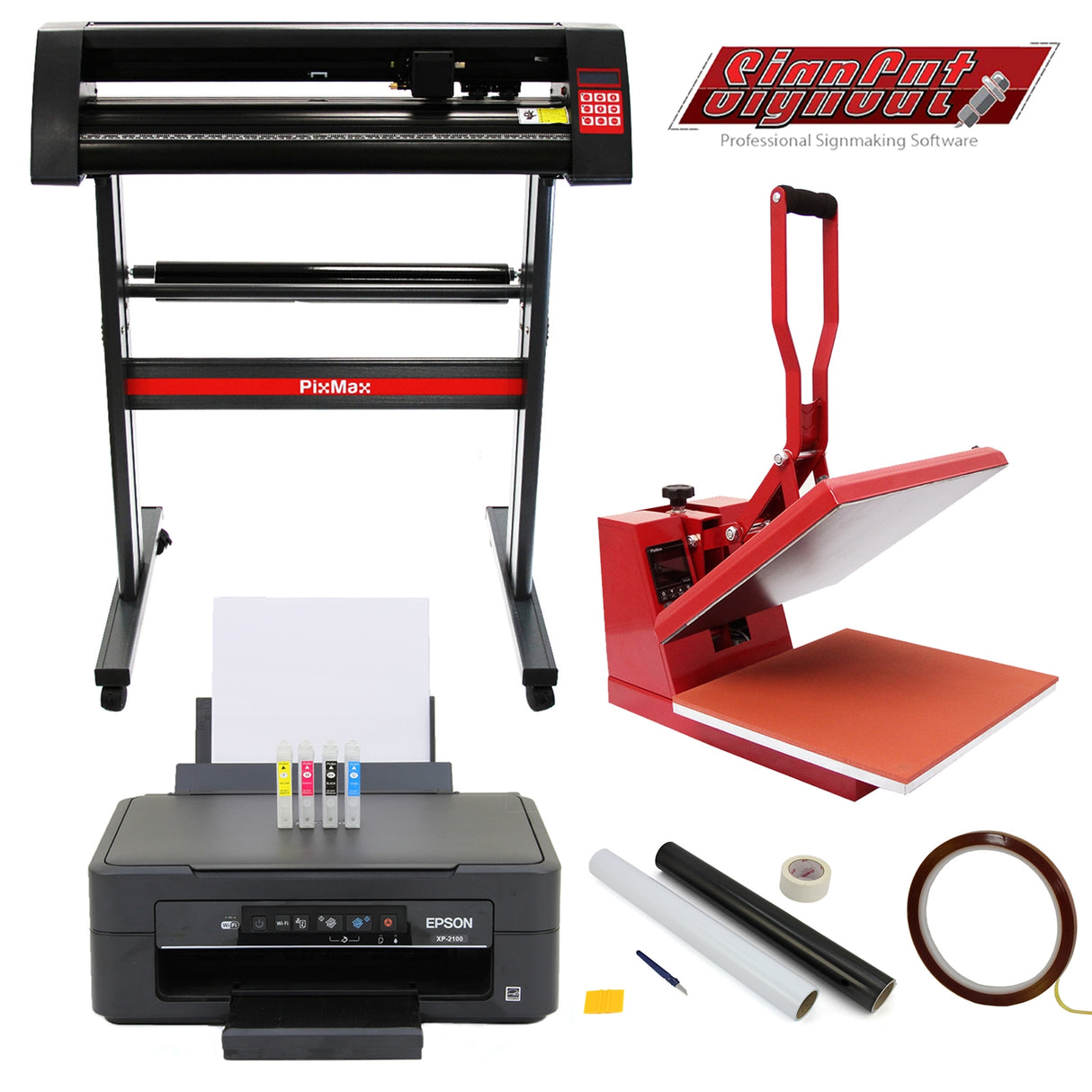 Zwart-rode vinylsnijder, Epson printer, 38 cm clam pers en weeding kit, ideaal voor professioneel signmaking en creatief werk