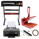 38 cm clam pers in rood, 720 mm vinylsnijder, Epson printer met inktpatronen en weeding kit op een witte achtergrond