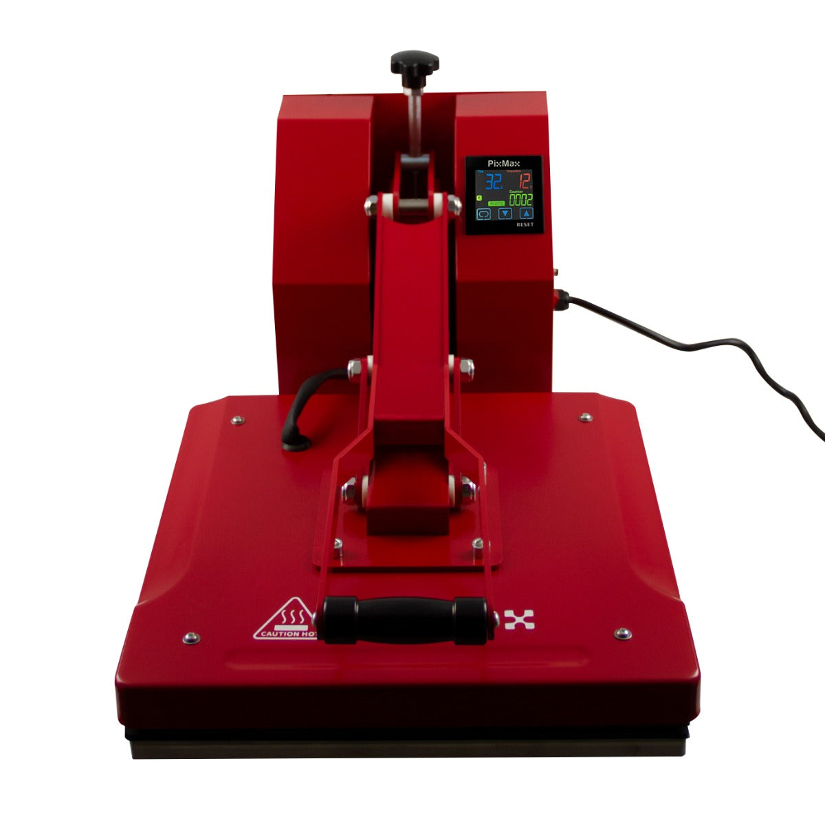 Rode Clam hittepers van 38x38 cm met digitale temperatuurweergave en stevige handgreep, ideaal voor transferdrukwerk