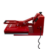 Rode hittepers van 38x38 cm met een stevige handgreep, digitale temperatuurregeling en een robuuste, metalen constructie