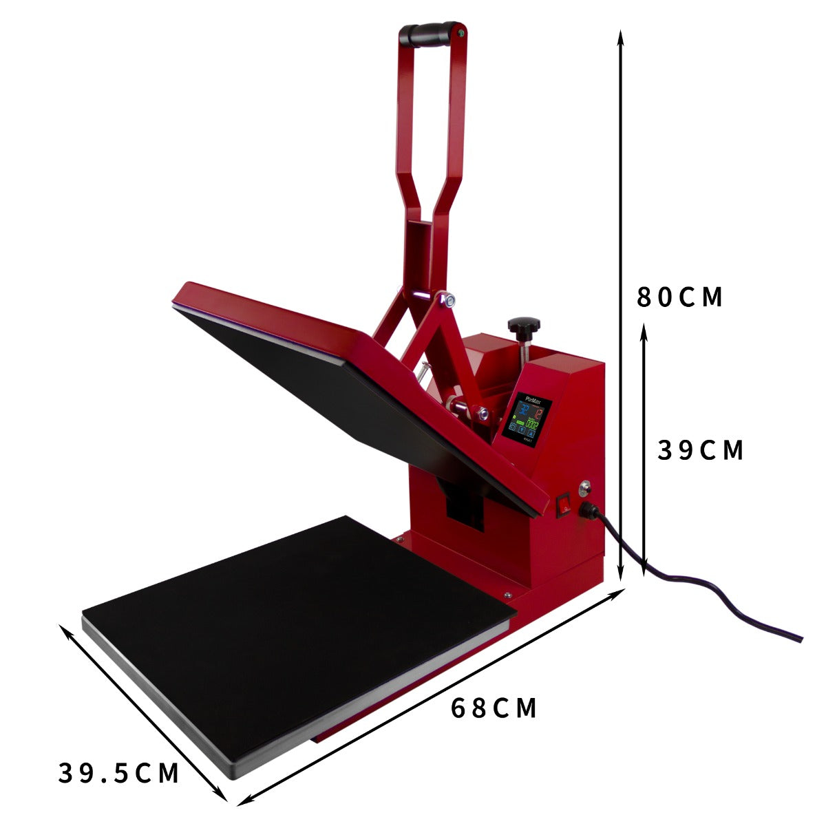 Rode hittepers met een groot zwart verwarmd oppervlak van 38x38 cm, digitale bediening en stevige handgreep voor eenvoudig gebruik