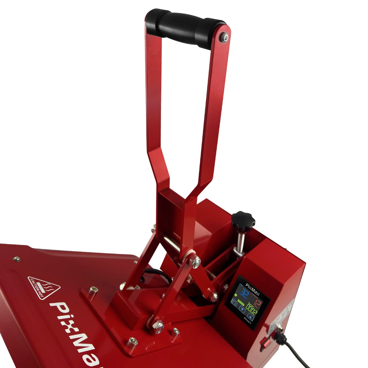 Rode Clam hittepers van 38x38 cm met digitale display en stevige handgreep, ideaal voor het bedrukken van textiel en materialen