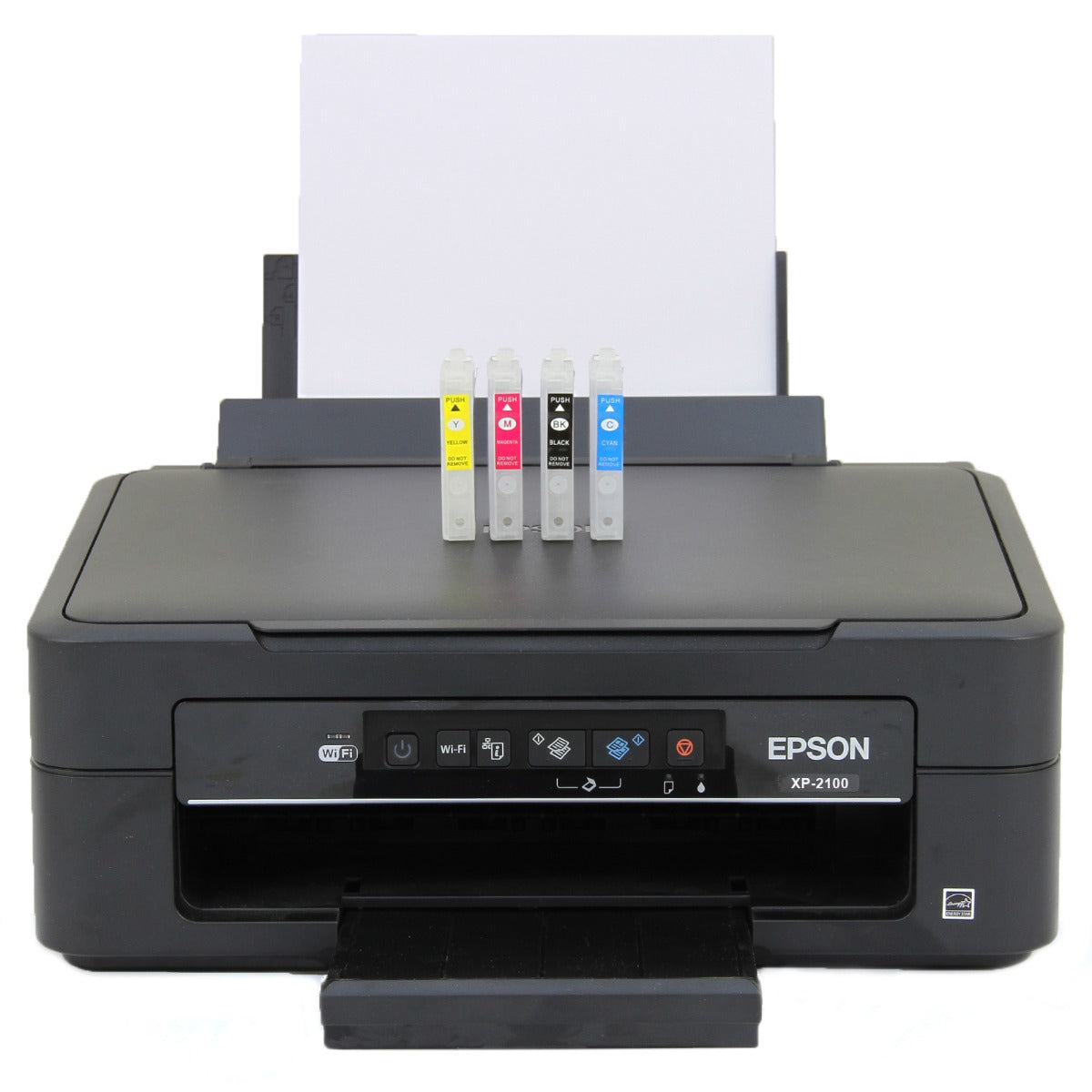 Zwarte Epson XP-2100 printer met vier kleurrijke inktcartridges en een vel wit papier, ideaal voor hittepers toepassingen