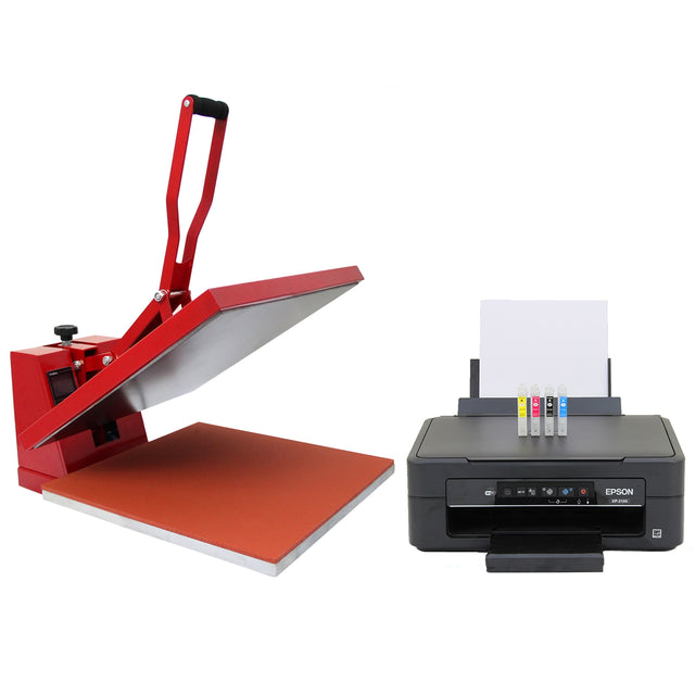 Rode 50cm clam hittepers met een stevige, vlakke plaat en een Epson printer met inktpatronen, ideaal voor drukwerk en ontwerpen