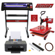 Vinylsnijder met LED-verlichting, budgetprinter, weeding kit en hittetape, allemaal in een professionele opstelling met diverse kleuren en materialen
