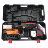 Grondboor en 4-takt paalrammer in stevige zwarte koffer, inclusief oranje toolbag en diverse accessoires voor efficiënt gebruik