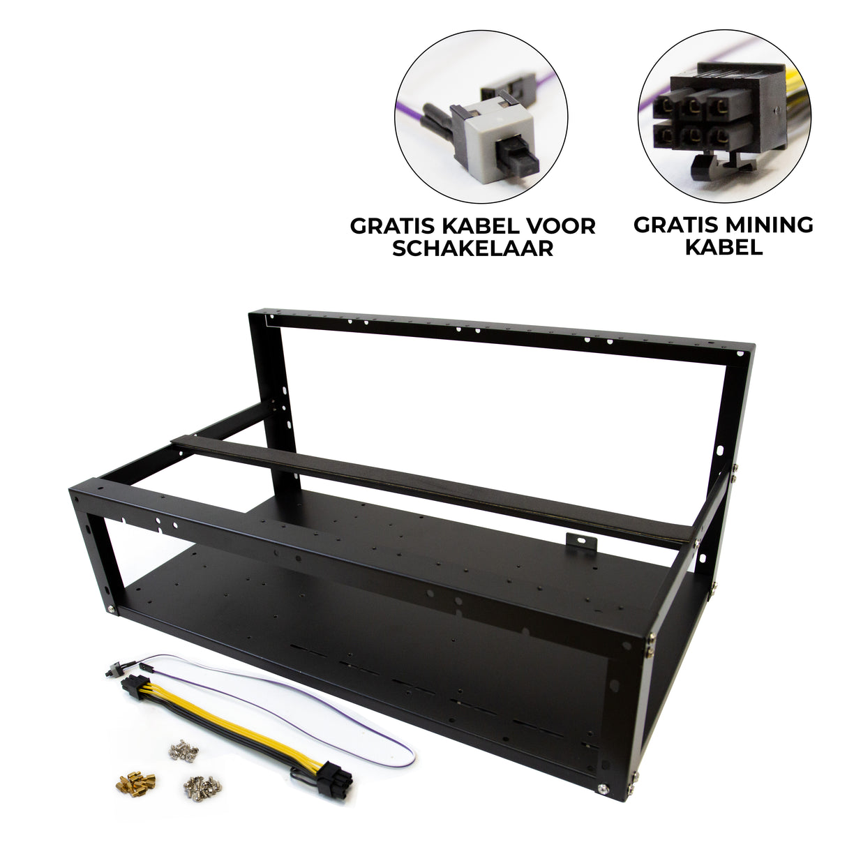 Zwart metalen frame voor 6-8 GPU mining rigs, met schroeven en kabels, ontworpen voor optimale ventilatie en stabiliteit