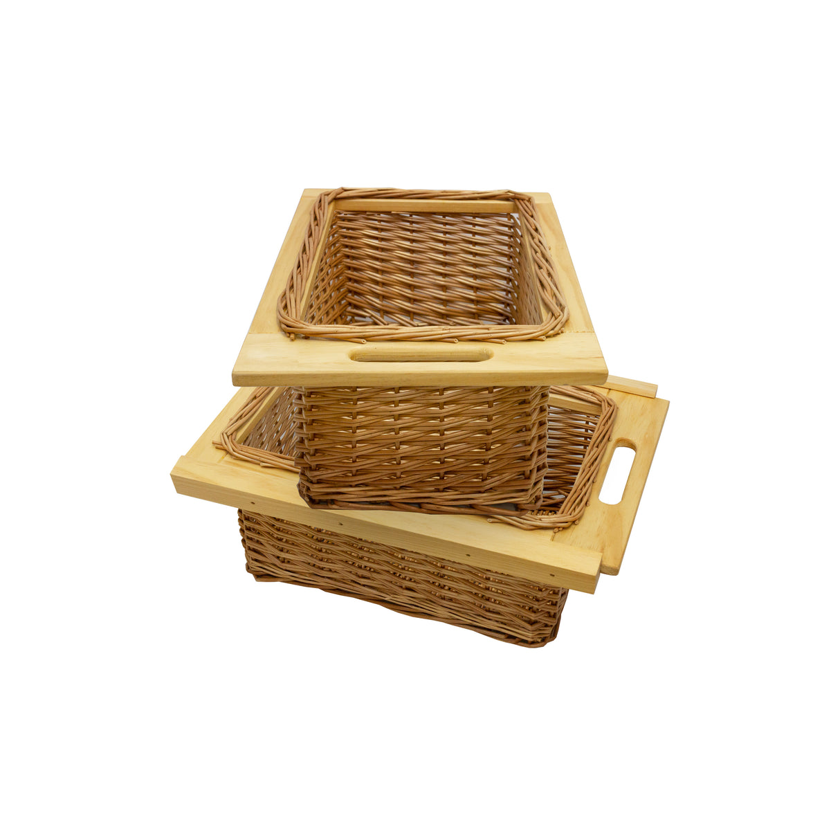 Uittrekbare rieten manden in natuurlijk bruin met houten handvatten, stapelbaar en ideaal voor opberging en organisatie