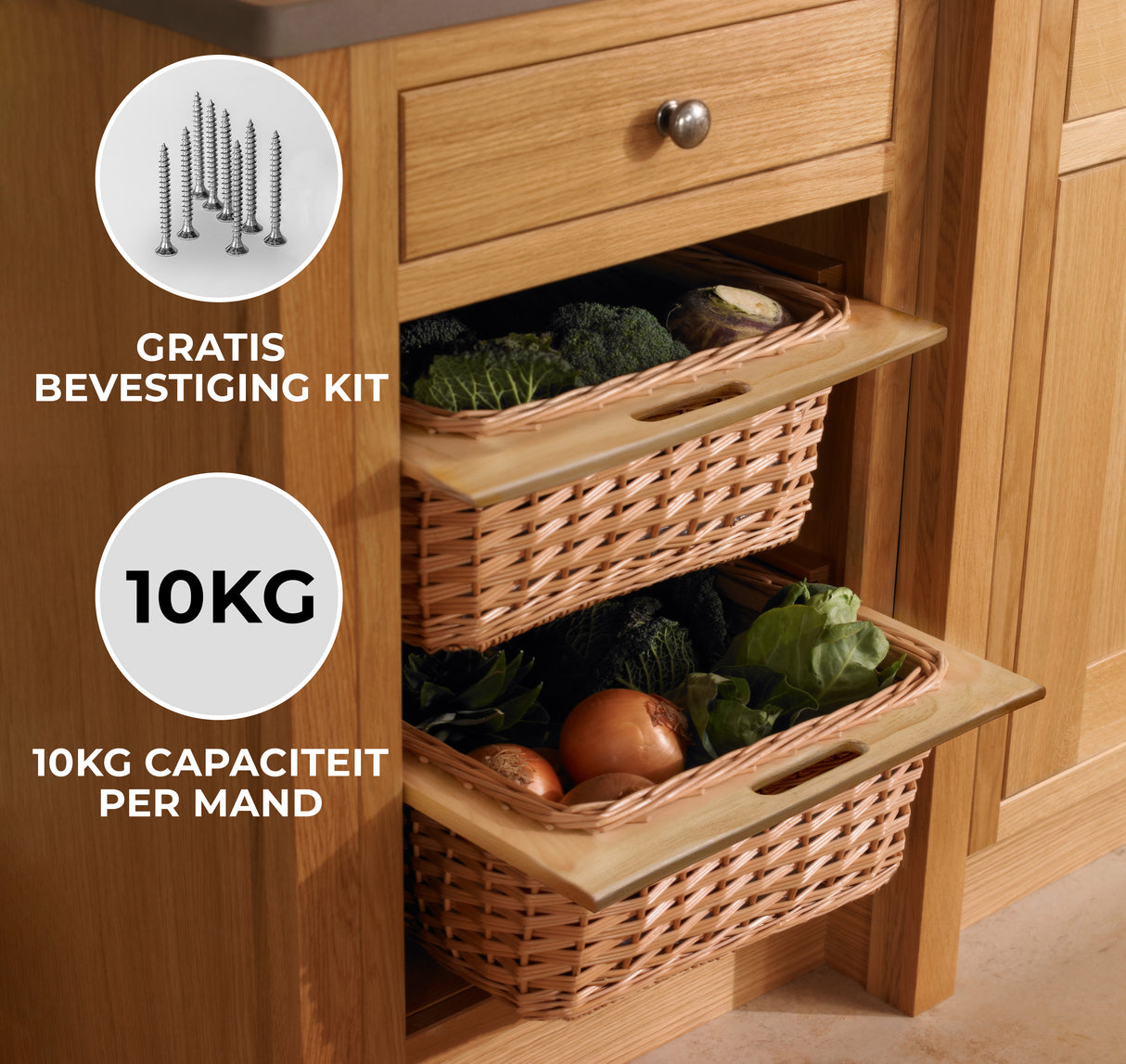 Uittrekbare rieten manden in een houten kast, gevuld met groenten, met een capaciteit van 10 kg per mand en een gratis bevestigingskit