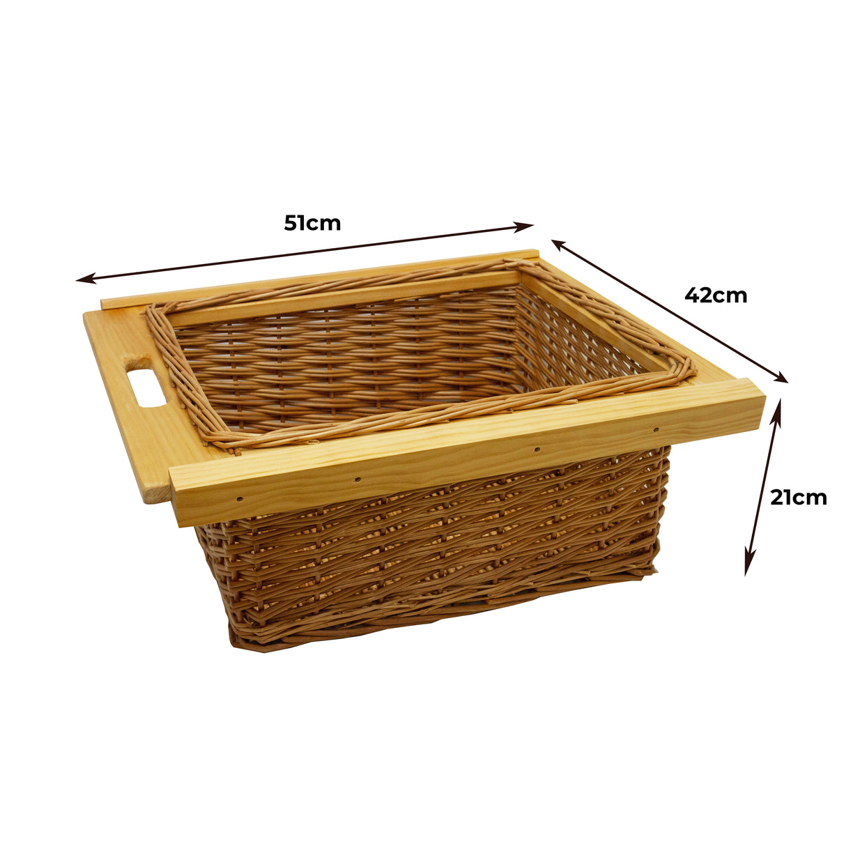 Uittrekbare rieten mand met houten handvat, 51 cm breed, 42 cm diep en 21 cm hoog, ideaal voor opbergruimte en decoratie