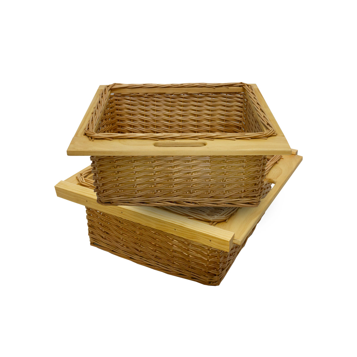 Uittrekbare rieten manden in natuurlijke tinten, met houten handvatten, perfect voor opbergen en organiseren van spullen