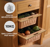 Uittrekbare rieten manden in een houten kast, gevuld met groenten, met een capaciteit van 10 kg per mand en gratis bevestigingskit