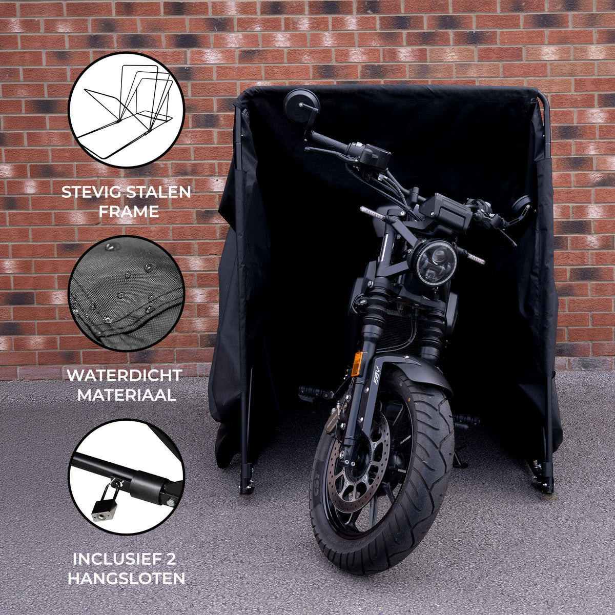 Zwarte motorbescherming met stevig stalen frame, waterdicht materiaal en twee bijgeleverde hangsloten voor optimale bescherming
