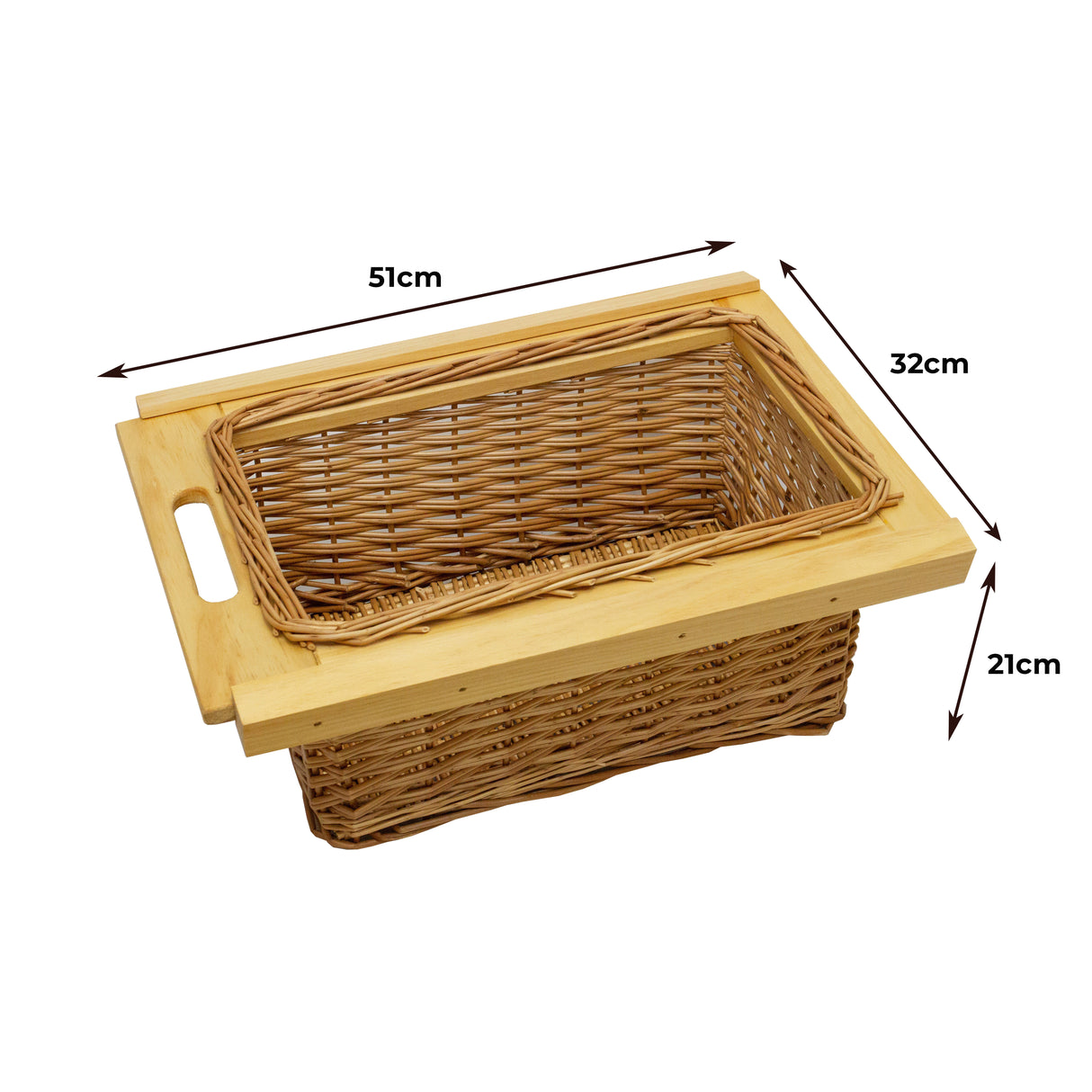 Drie uittrekbare rieten manden met houten handvat, lichtbruin, met een rechthoekige vorm en een natuurlijke, geweven textuur