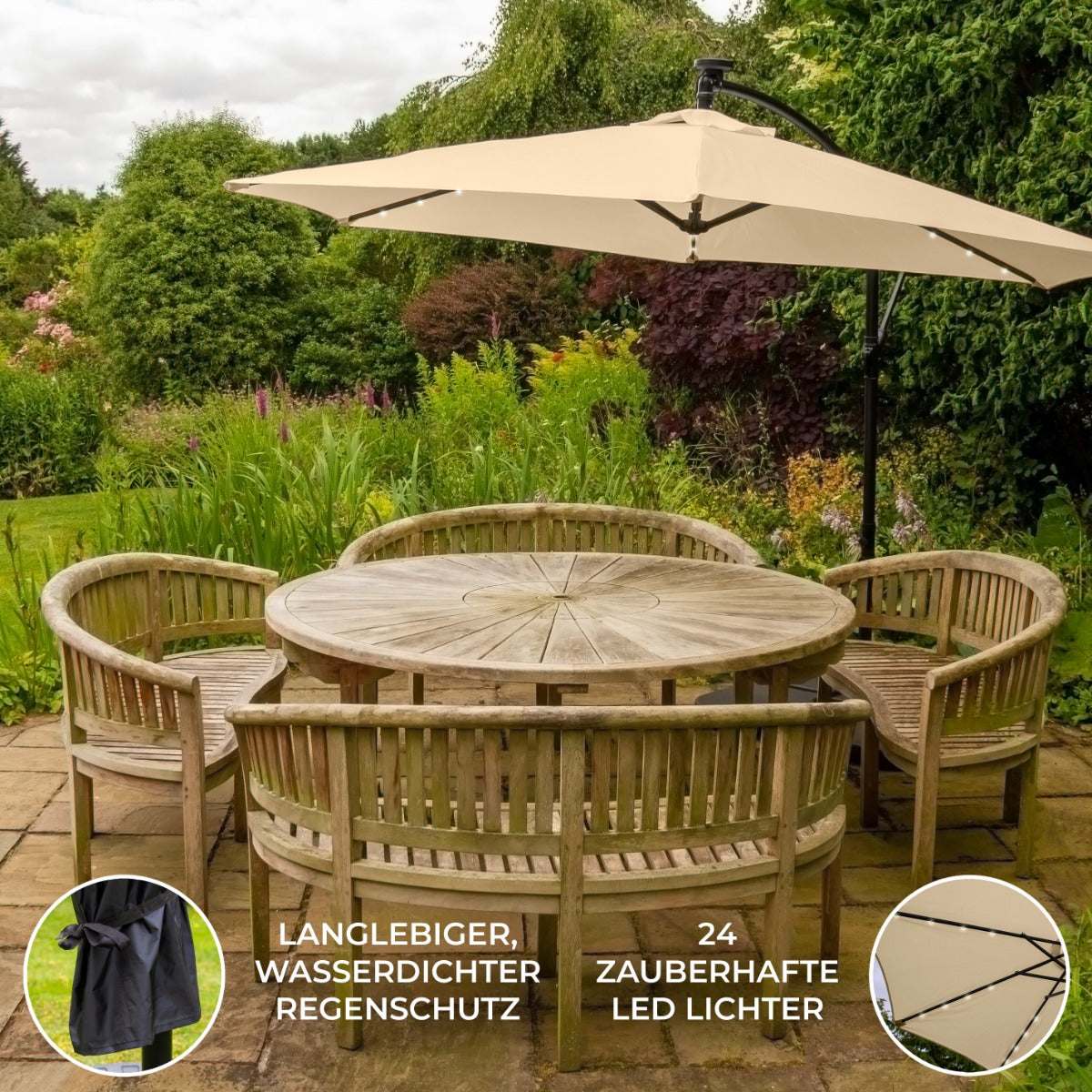 Beige 3m LED Zweefparasol met een eenvoudige voet