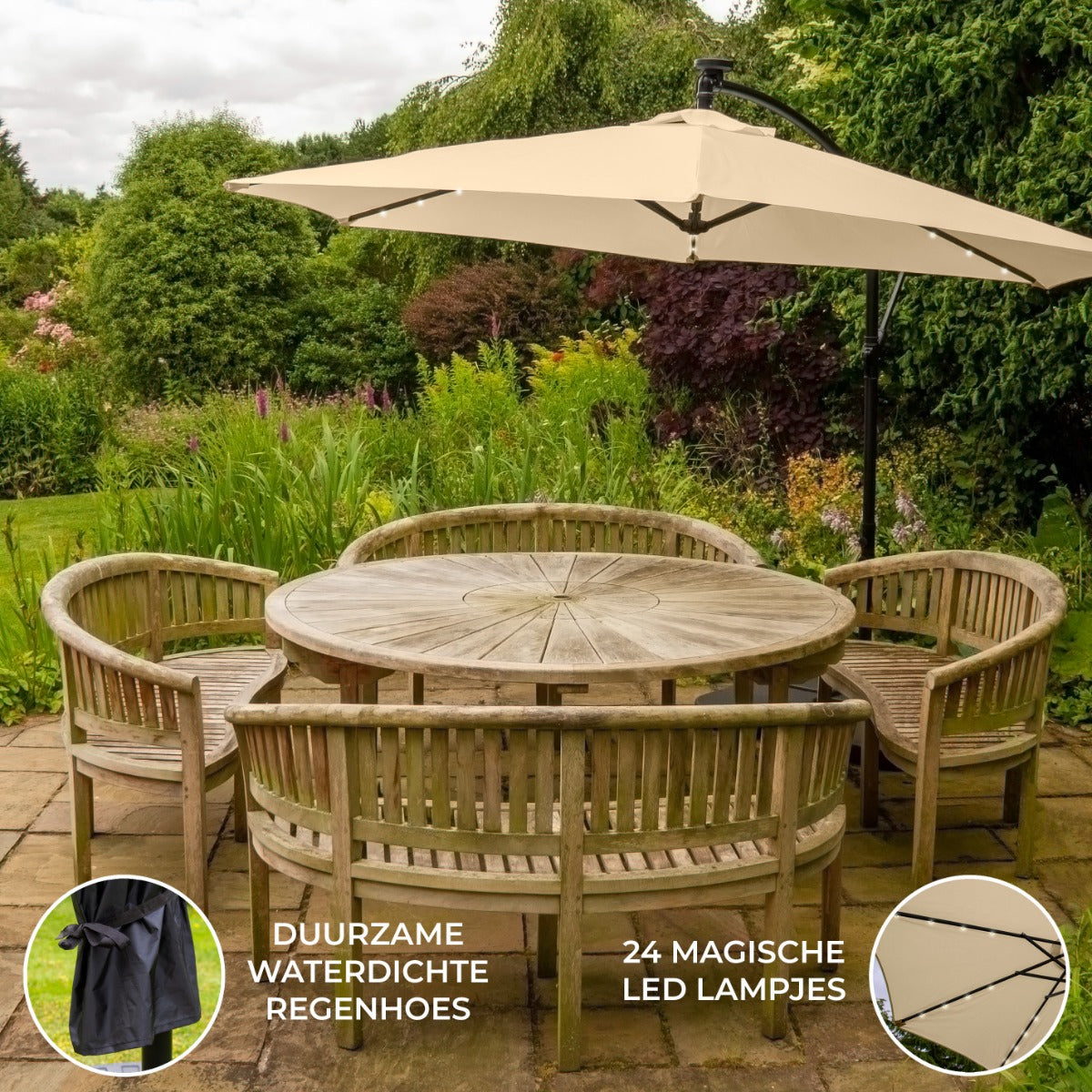 Beige 3m LED Zweefparasol met een eenvoudige voet